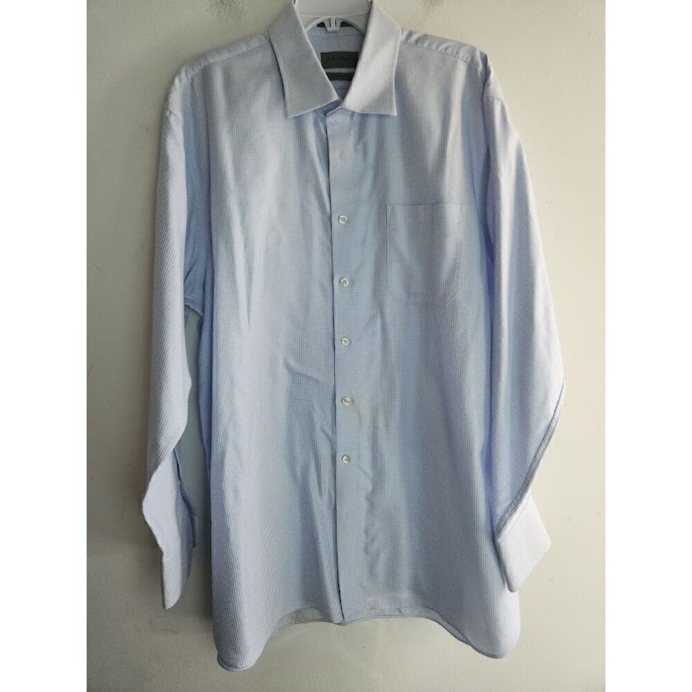 John W. Norsdstrom Men Blue White Gingham Traditional Fit Button Up Shirt  17.5